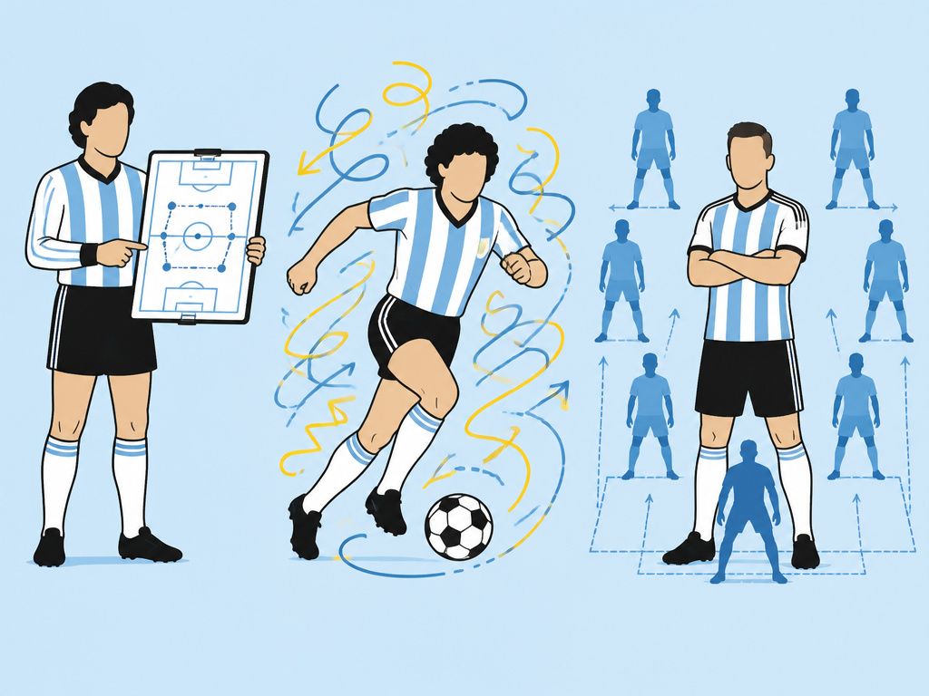 Cartoon of three Argentine football eras showing tactical evolution.