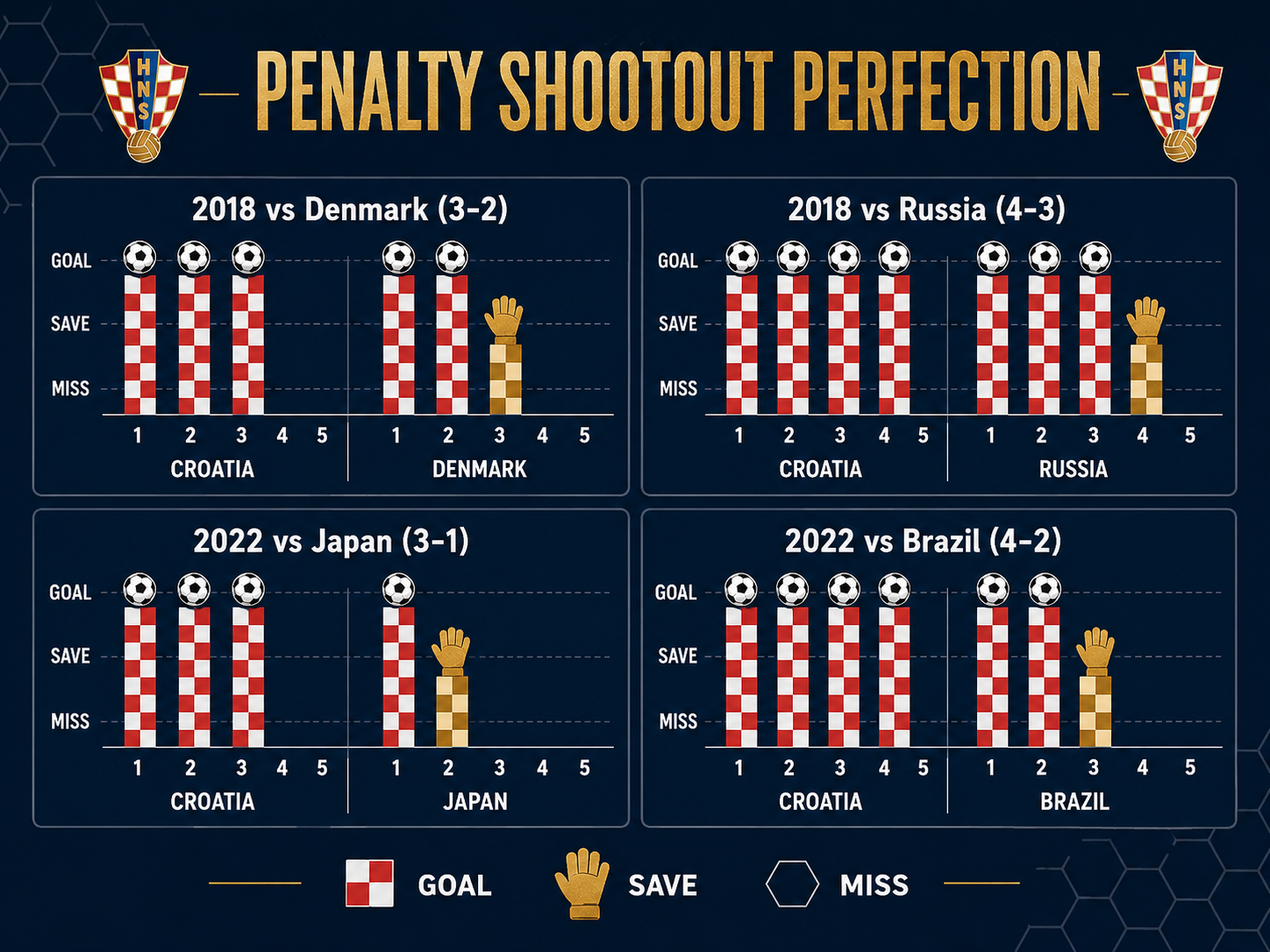 Infographic of Croatia's four perfect World Cup penalty shootout victories.