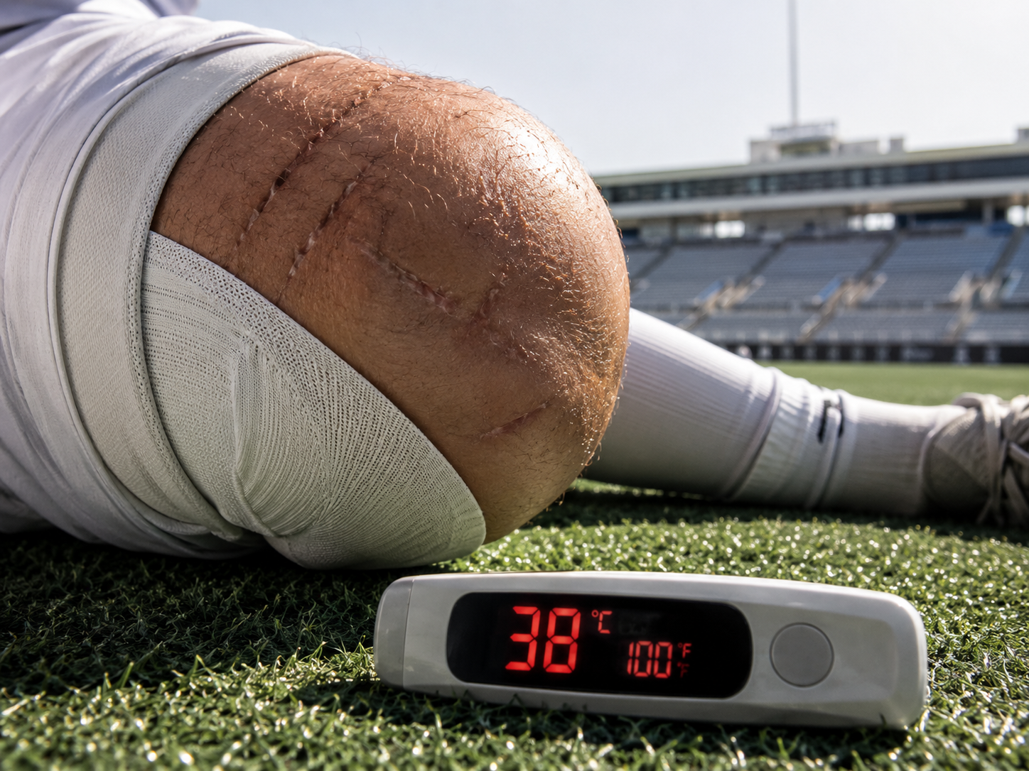 Scarred soccer player's knee on hot turf with a high-temperature thermometer.
