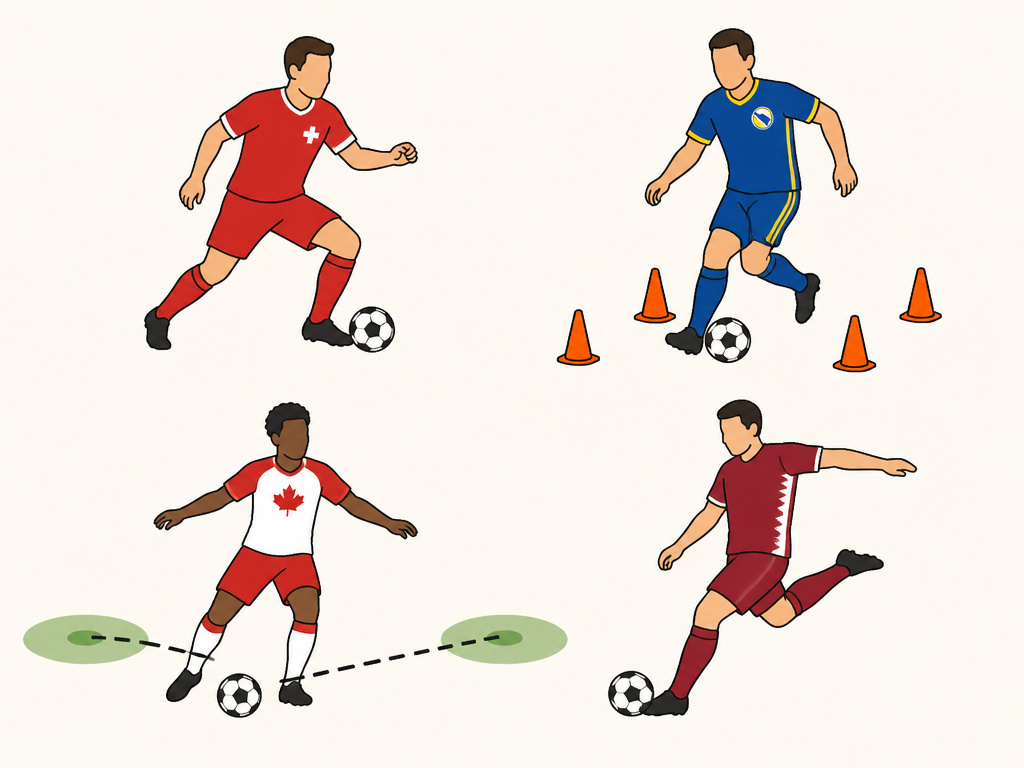 Four stylized soccer players representing key World Cup 2026 Group B nations.