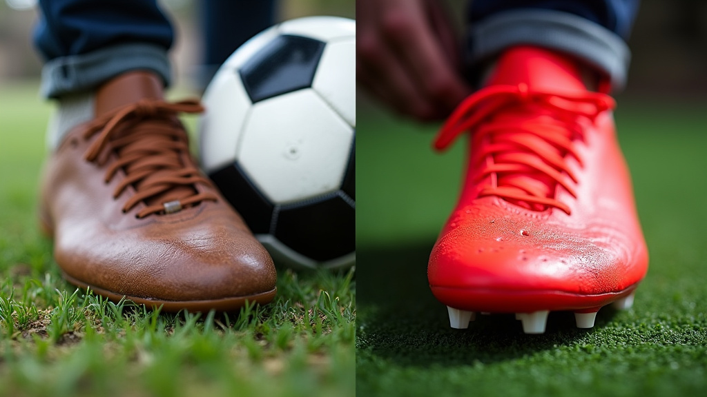 Leather cleat on grass versus synthetic cleat on turf close-up comparison