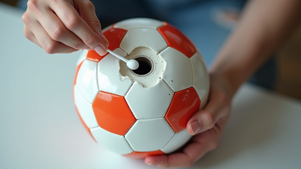Cleaning a soccer ball valve with glycerin to fix an air leak.