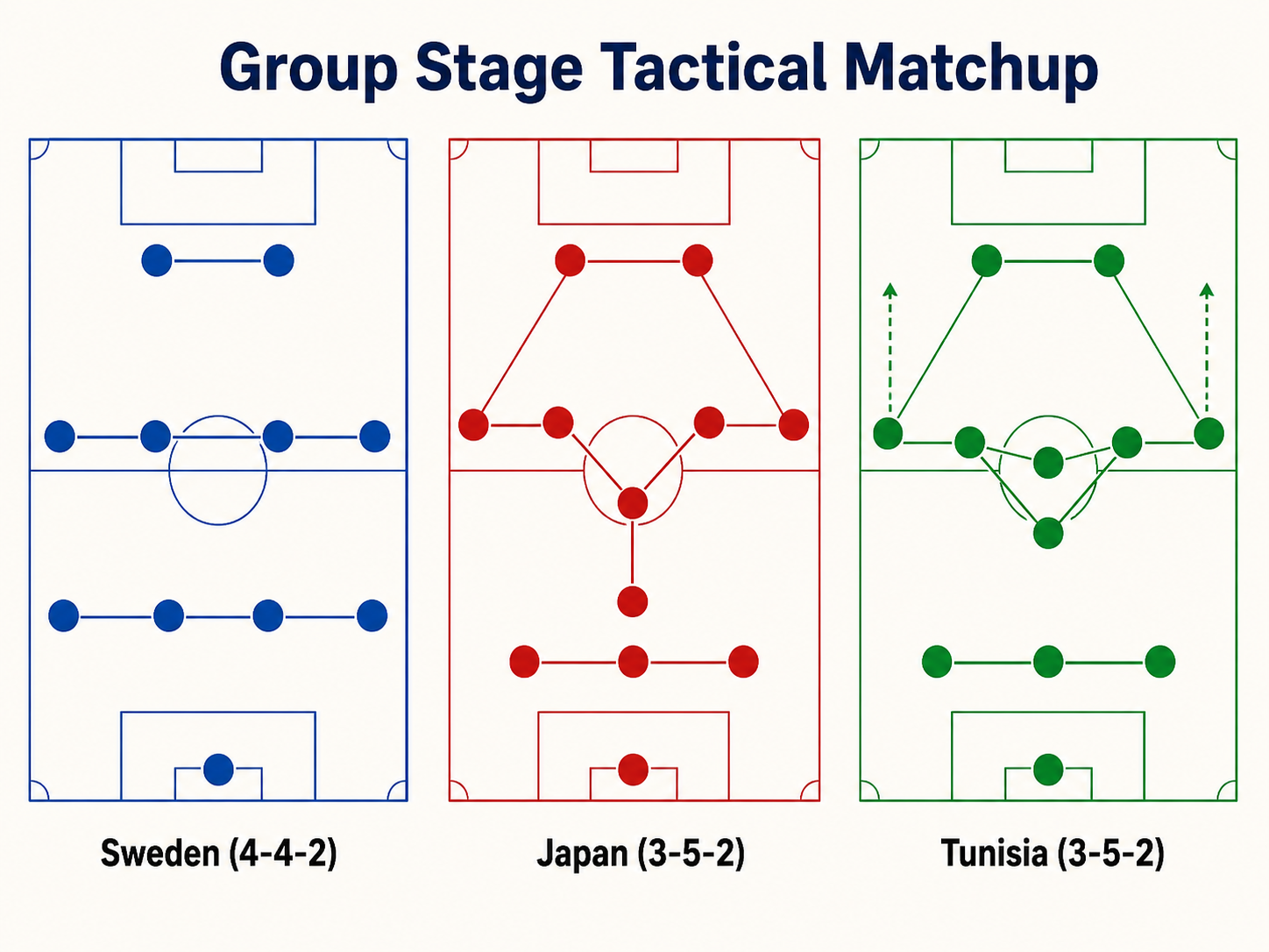 Diagram comparing 4-4-2 and 3-5-2 soccer formations for 2026 World Cup teams.