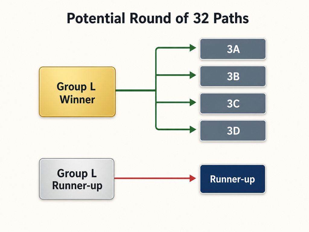 Diagram visualizing World Cup 2026 Group L qualification knockout stage scenarios.