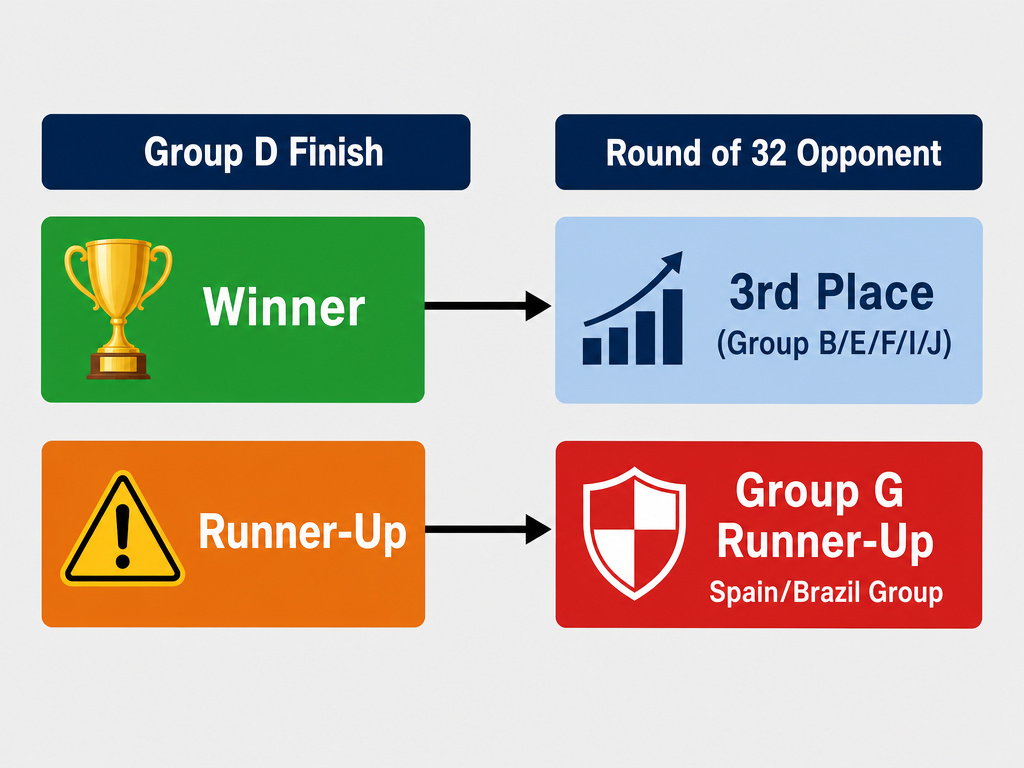 Infographic flowchart of World Cup 2026 Group D knockout stage scenarios.