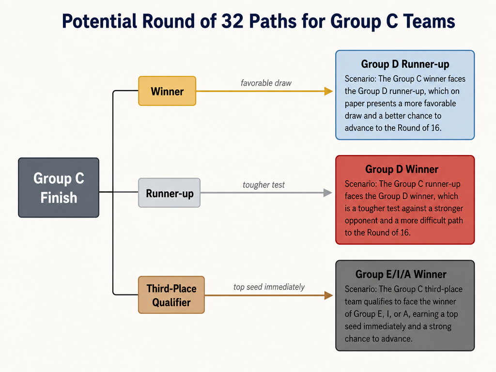 Infographic flowchart of 2026 World Cup Group C knockout round qualification scenarios.