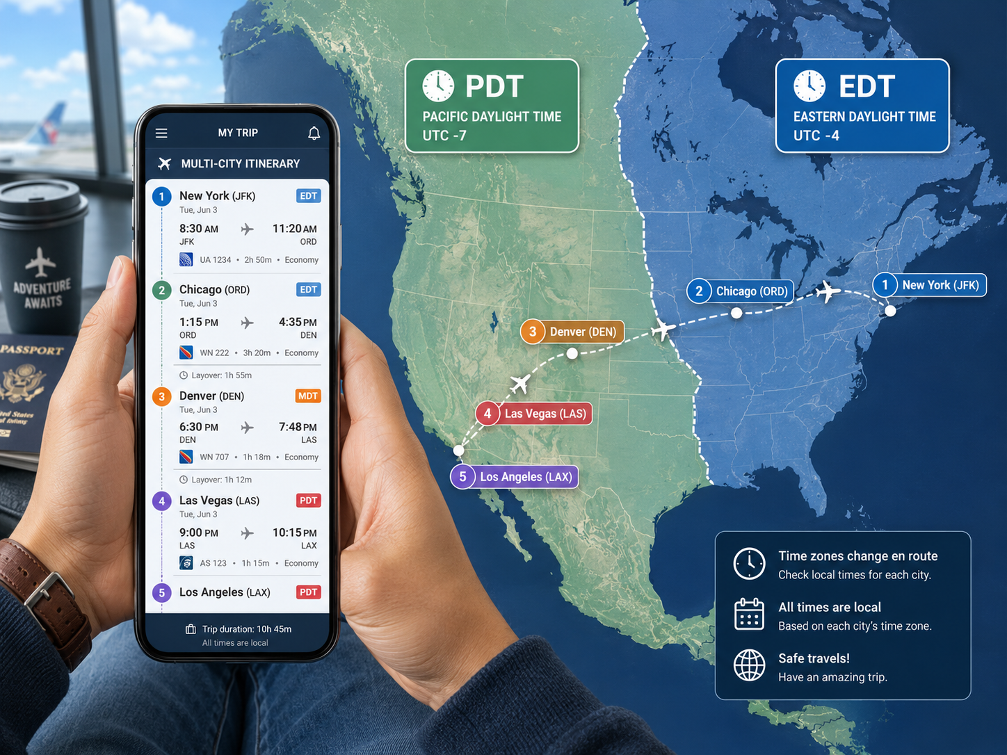 Infographic for managing time zones on a multi-city World Cup 2026 trip.