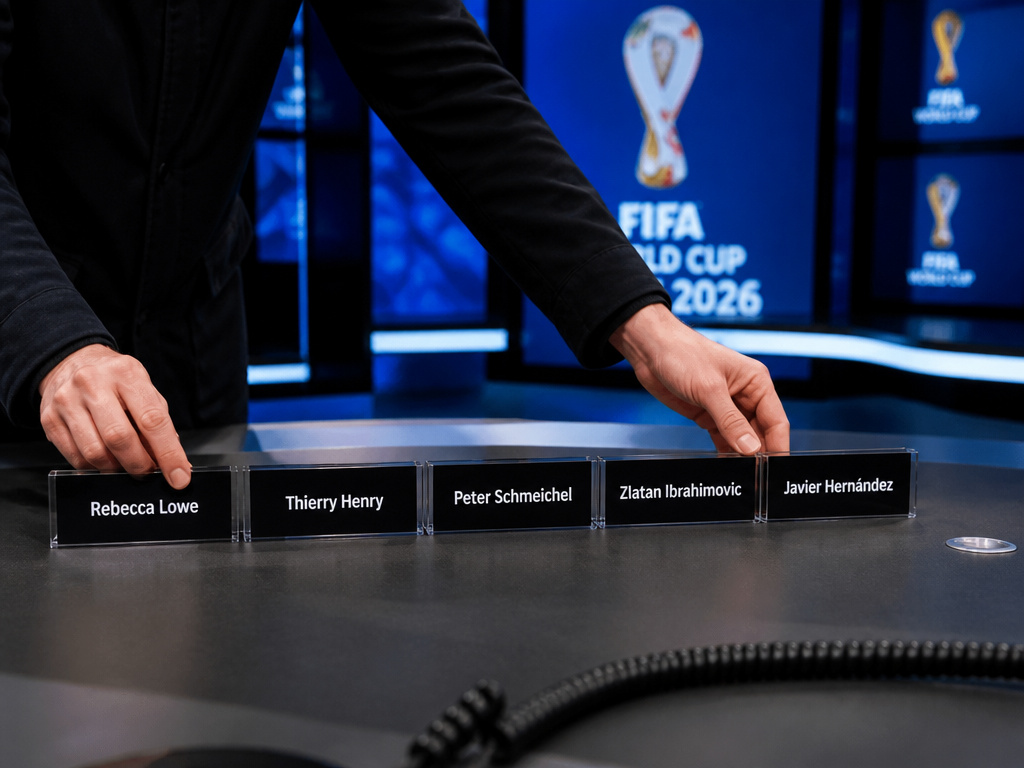 Hands arranging broadcaster nameplates on a studio desk for World Cup 2026 coverage.