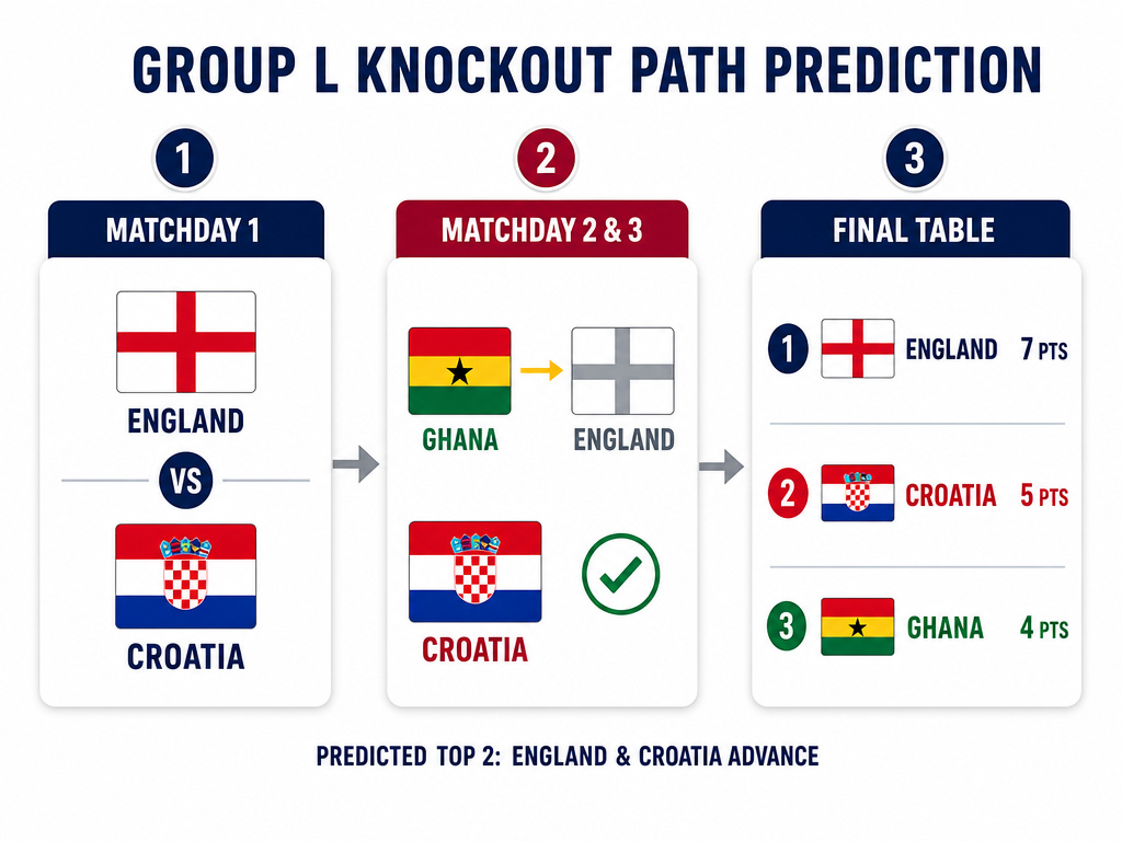 Infographic flowchart predicting 2026 World Cup Group L knockout stage qualification.