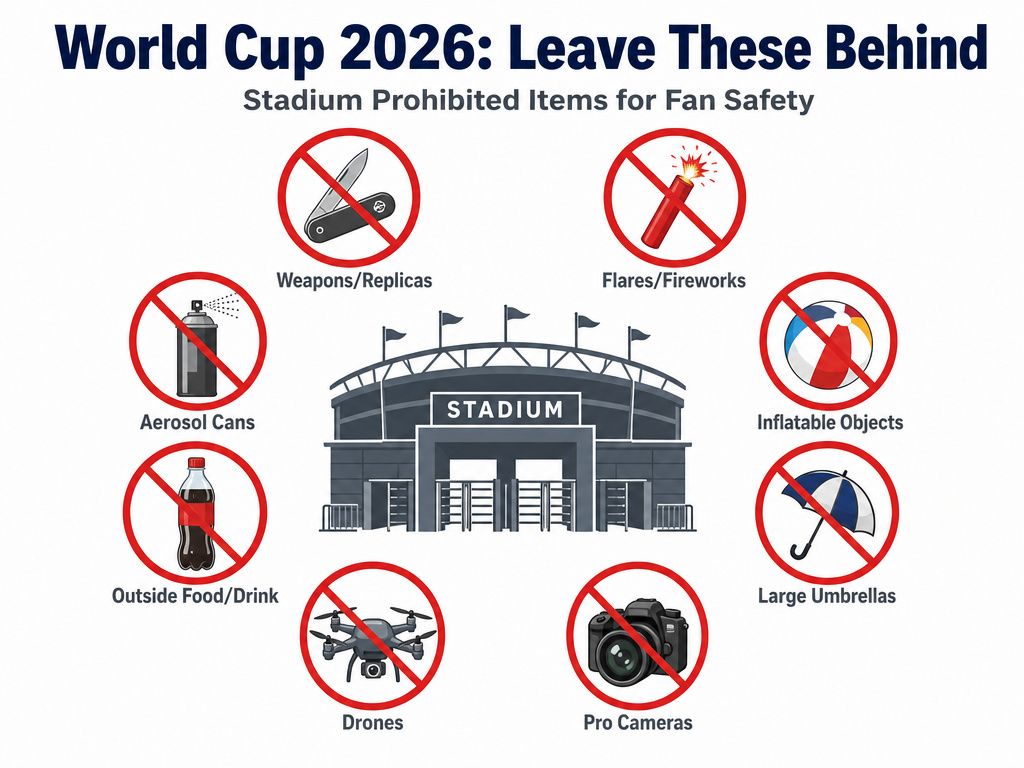 Infographic listing prohibited items for 2026 World Cup stadium entry.