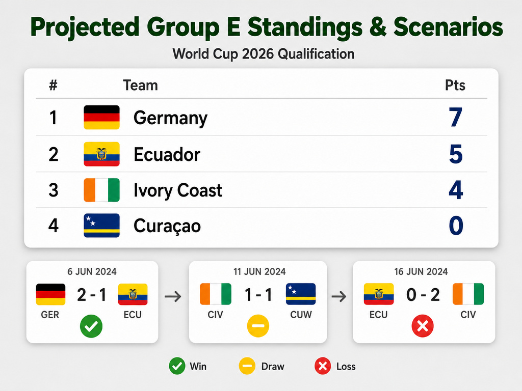 Infographic of projected World Cup 2026 Group E standings and match outcomes.
