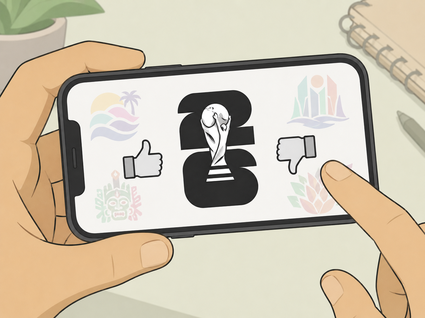 Thumbs up and down next to the simple 2026 World Cup logo on a phone screen.