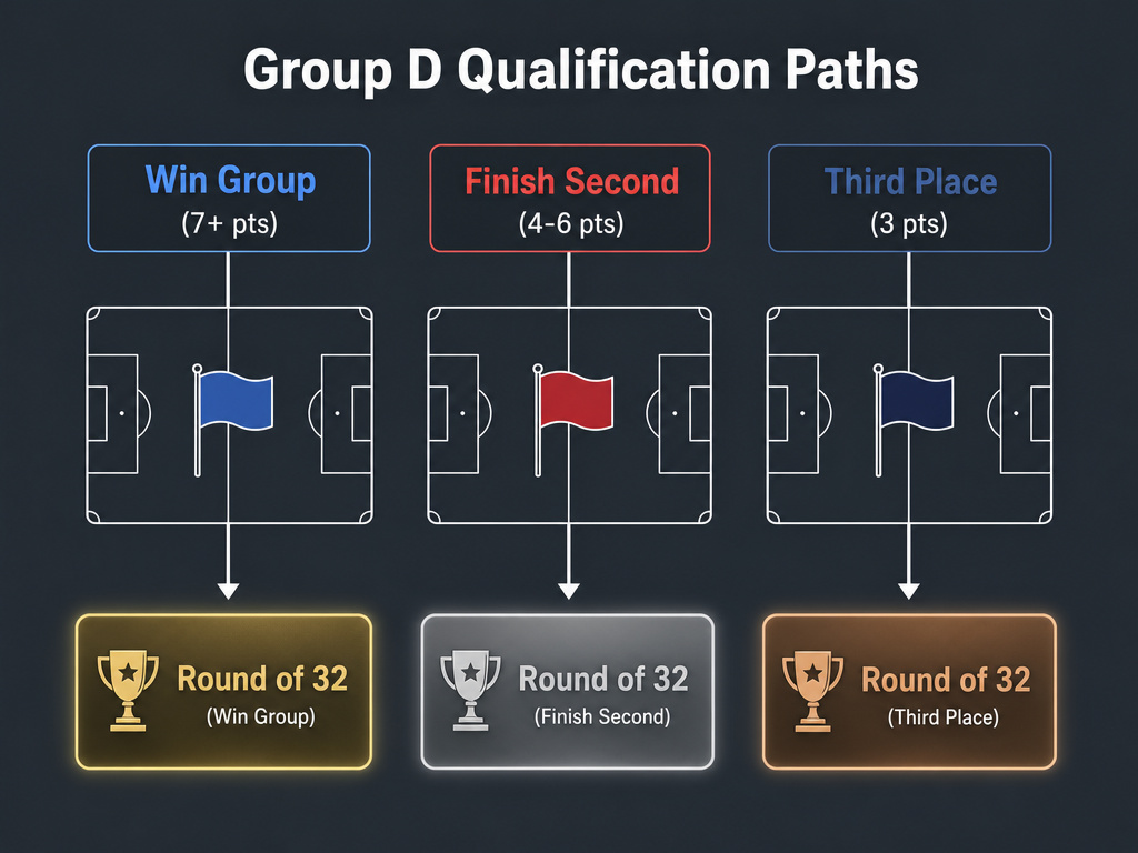 Infographic flowchart of World Cup 2026 Group D qualification scenarios and outcomes.