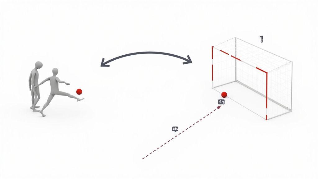 Soccer free-kick diagram analyzing defensive wall gaps and goalkeeper positioning.