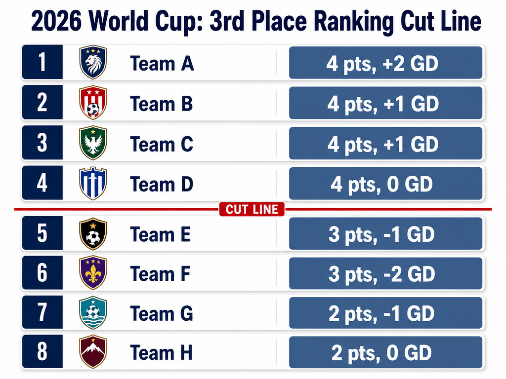 Infographic ranking World Cup third-place teams by points and goal difference.