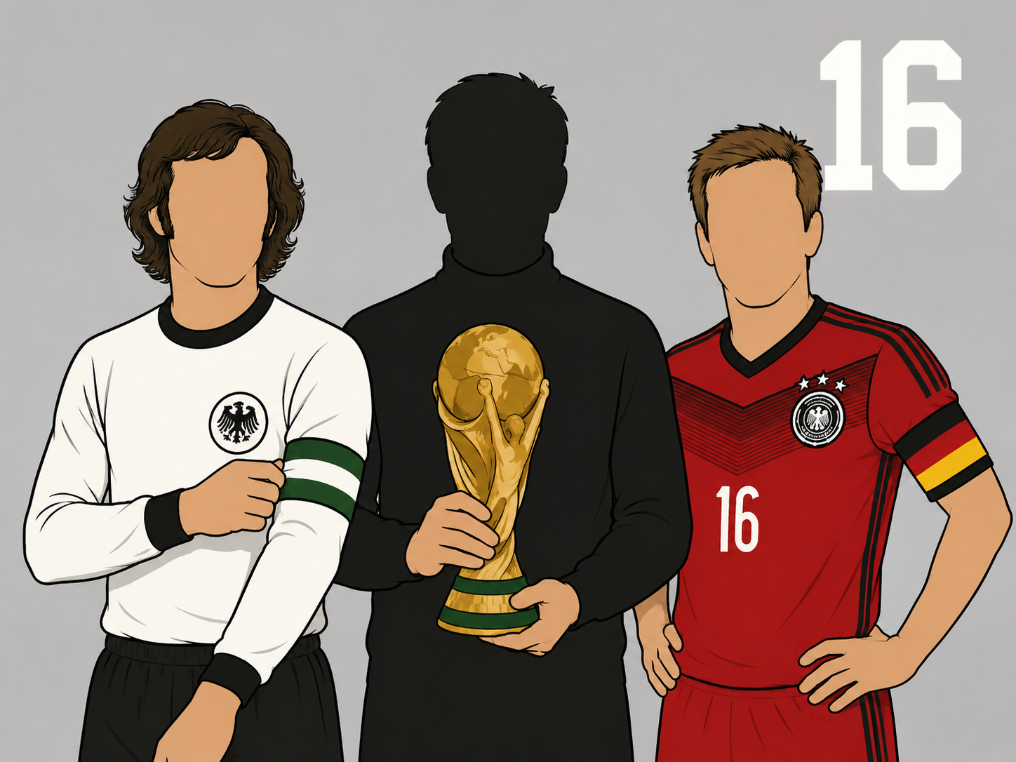 Three stylized figures representing Beckenbauer, Klose, and Matthäus.
