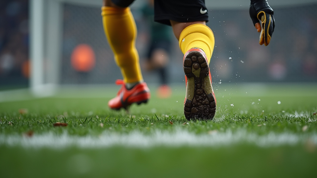 Goalkeeper's foot lifting off line during a penalty kick save attempt.