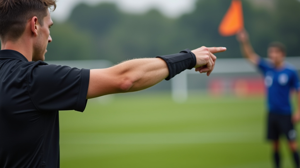 Referee signaling a corner kick by pointing toward the corner arc.