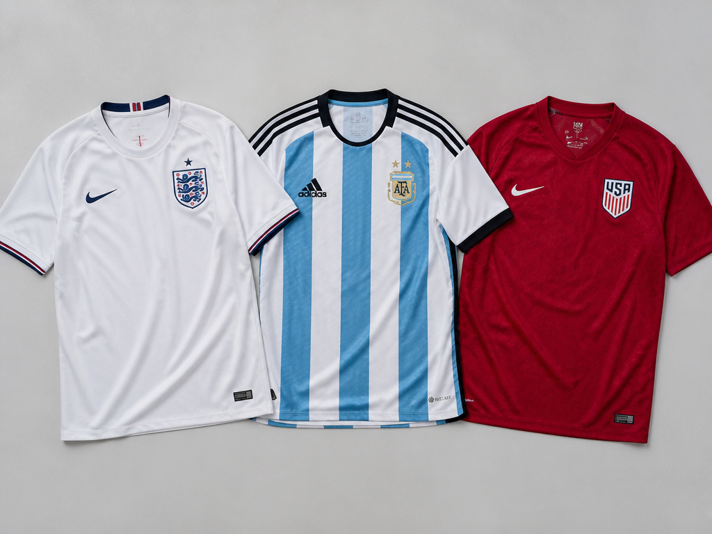 England, Argentina, and USA 2026 World Cup jerseys compared in a flat-lay.