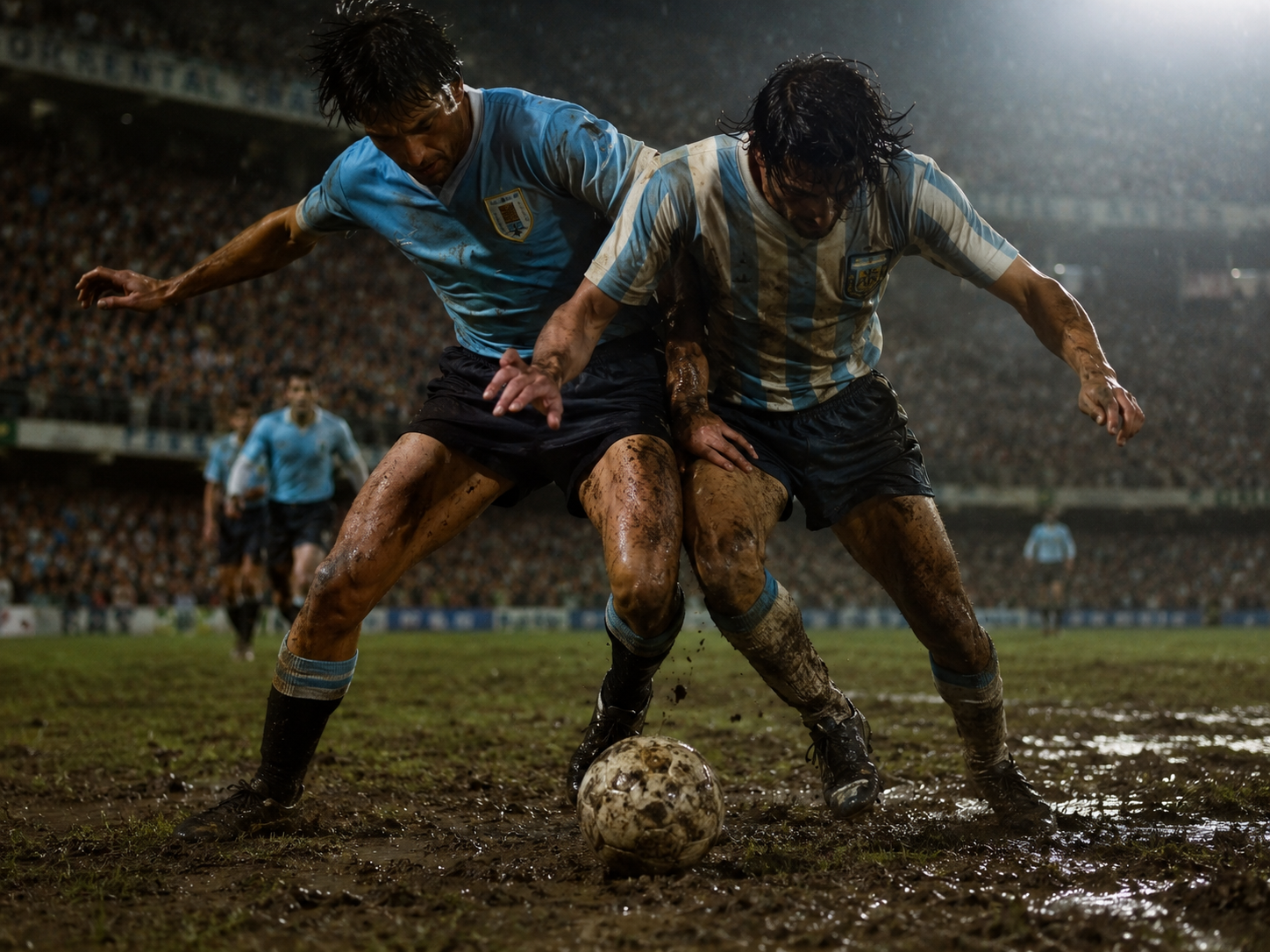 Vintage Uruguay and Argentina footballers in a tense, muddy World Cup rivalry match.
