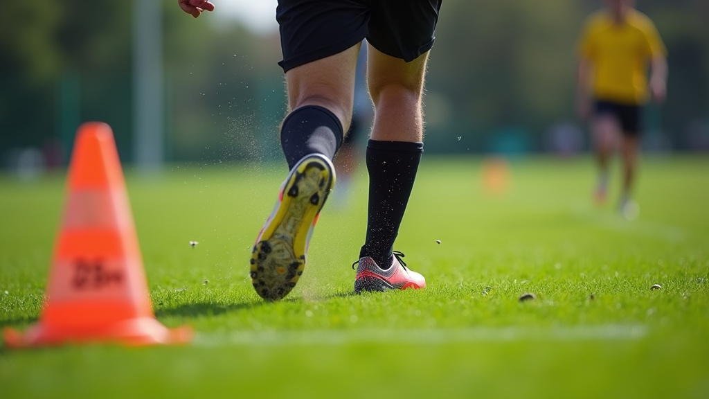 Soccer player's legs during a maximal 25-meter sprint training drill