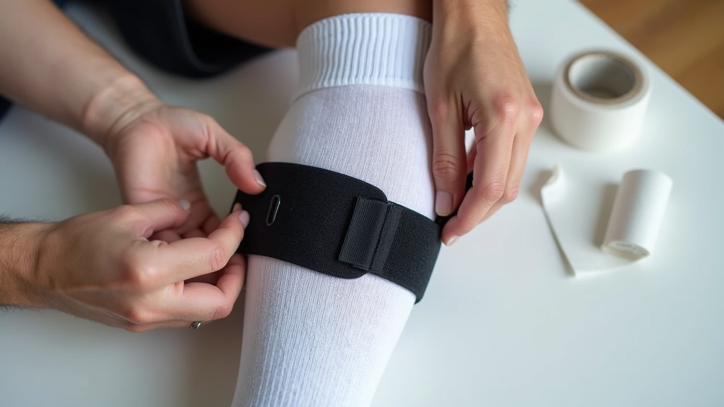 Close-up of securing a soccer shin guard with a compression sleeve over a sock.
