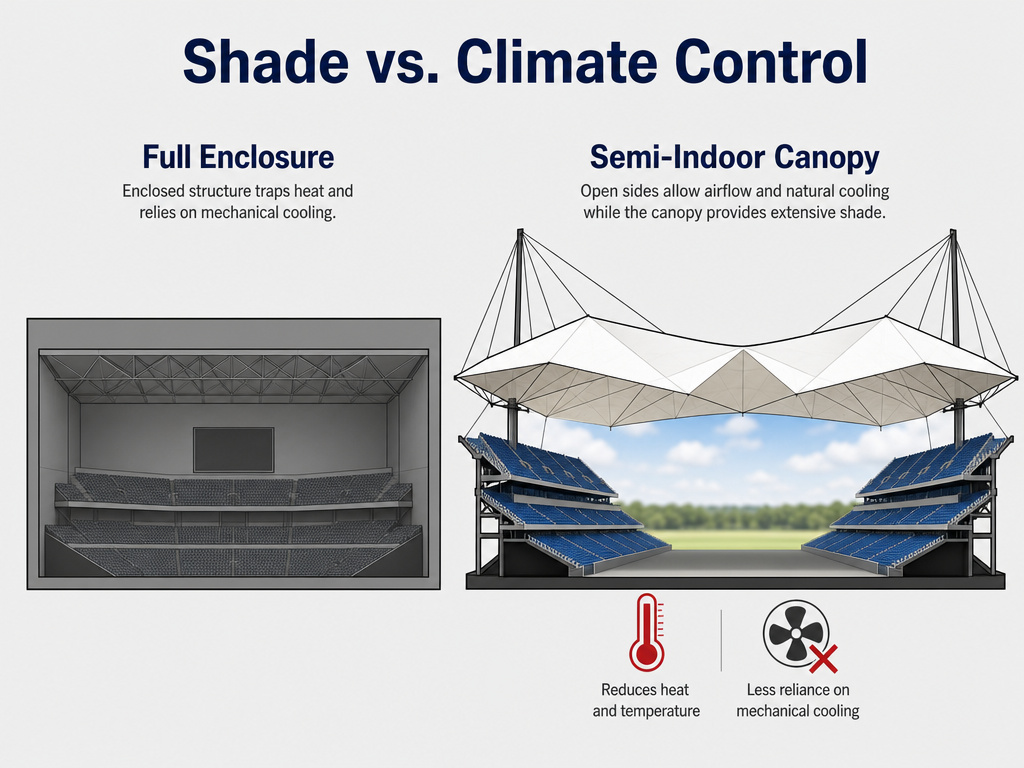 Diagram comparing a fully enclosed stadium to a semi-indoor canopy design.