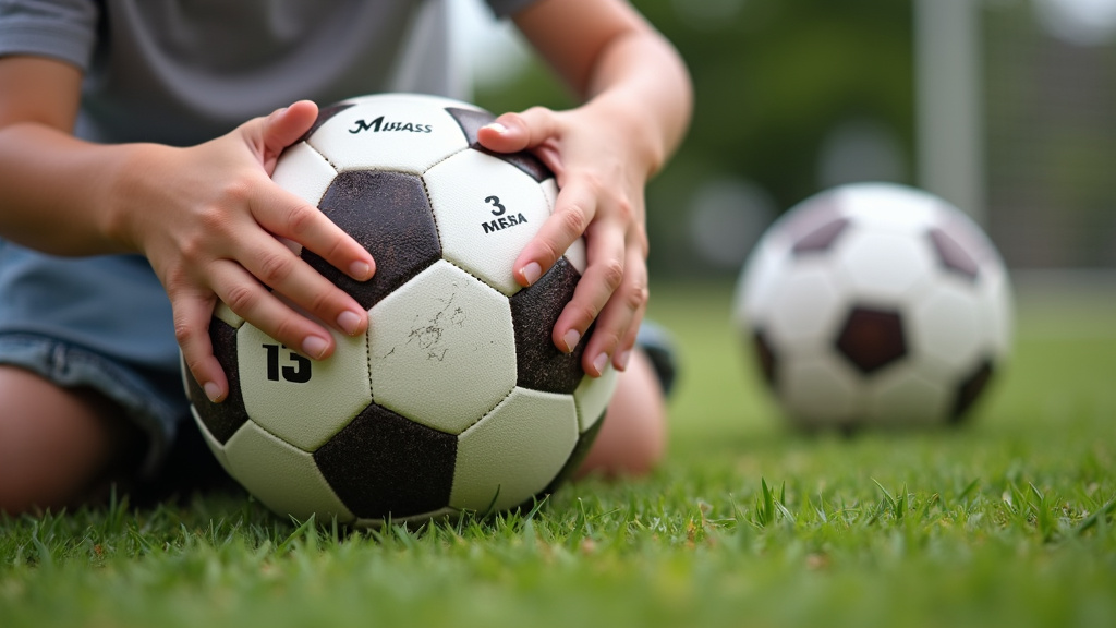 Child's hands holding a size 3 soccer ball compared to a larger ball.