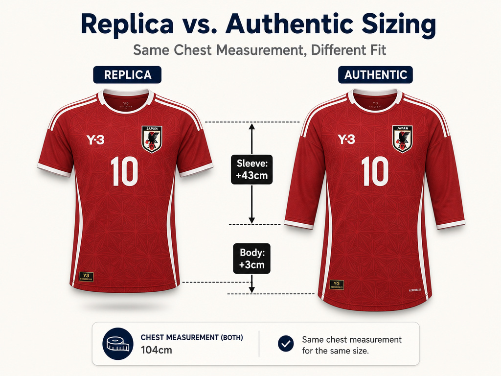 Infographic comparing replica and authentic Japan 2026 World Cup jersey sizing.