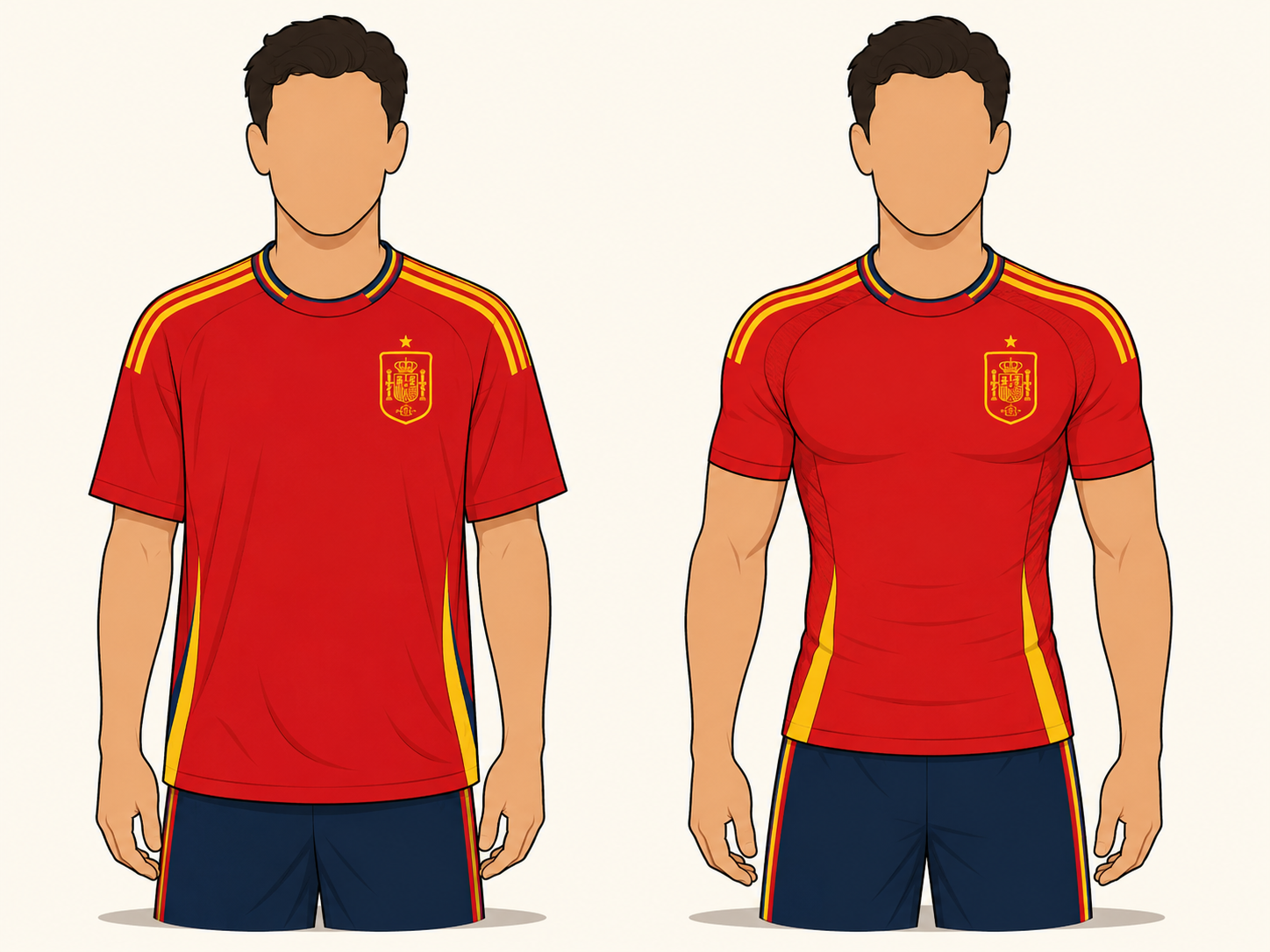 Comparison of Spain 2026 replica regular fit and authentic slim fit jerseys.