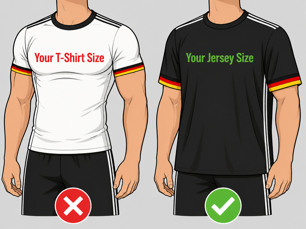Cartoon comparing a tight versus correctly sized football jersey fit.