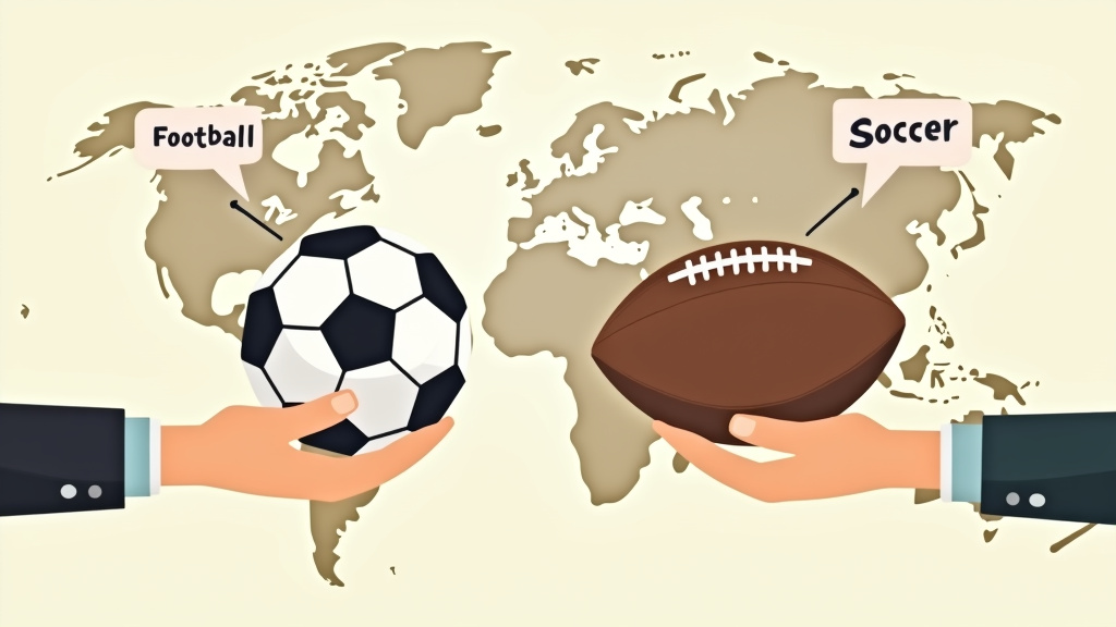 Cartoon hands holding a soccer ball and American football debating the terms football vs soccer.
