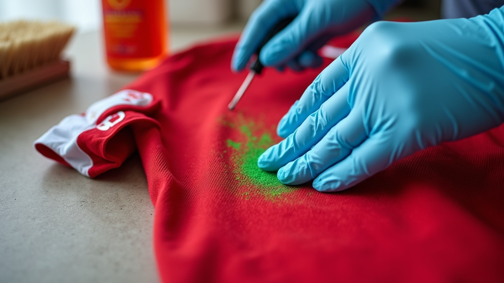 Close-up of pre-treating a grass stain on a soccer jersey to prevent fading.