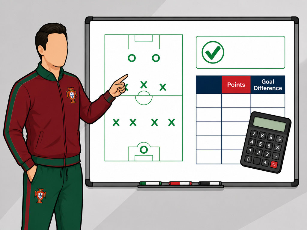 Cartoon of a soccer coach explaining World Cup qualification scenarios using a tactics board.