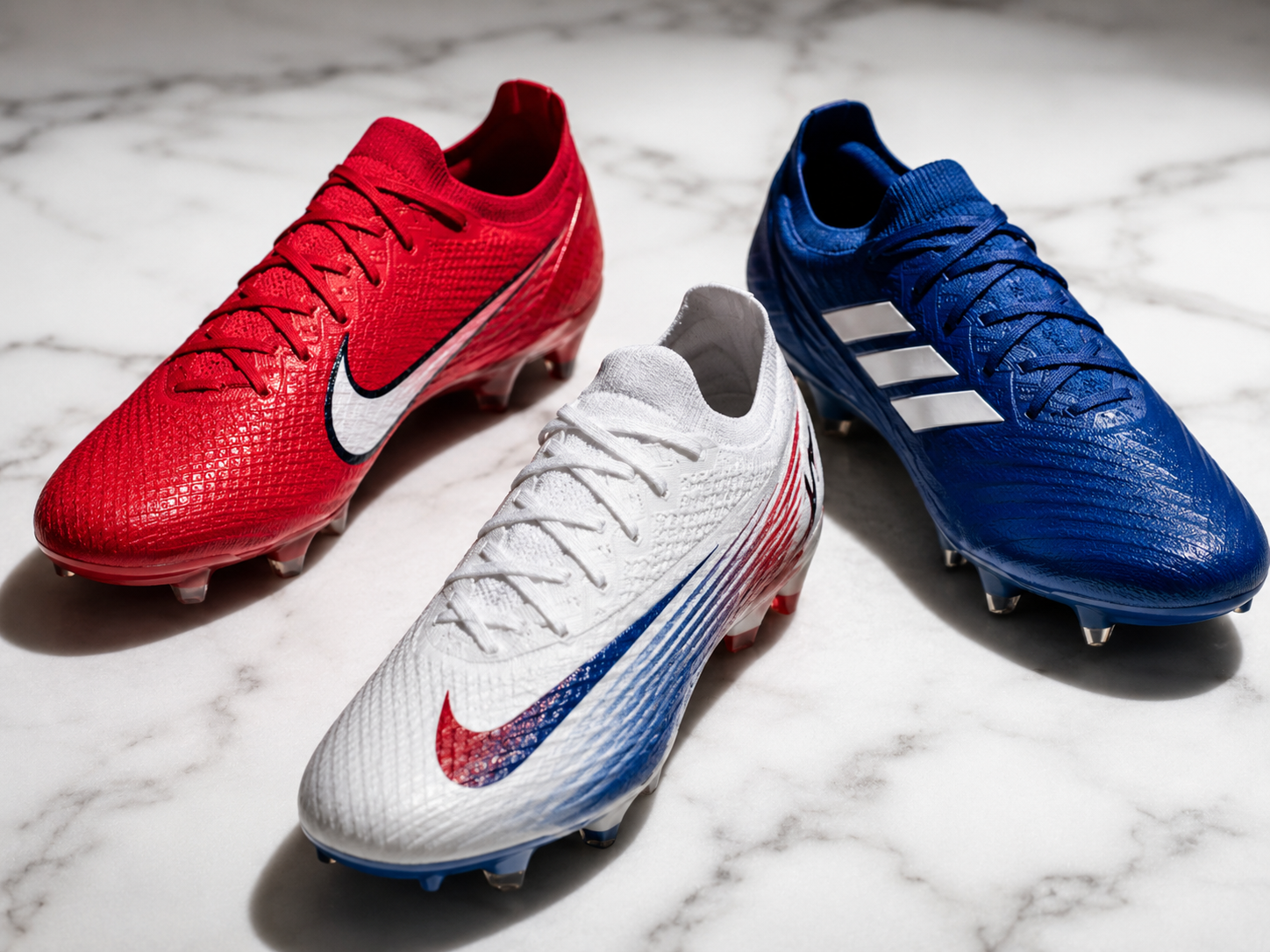 Three branded cleats arranged in a triangle on marble.