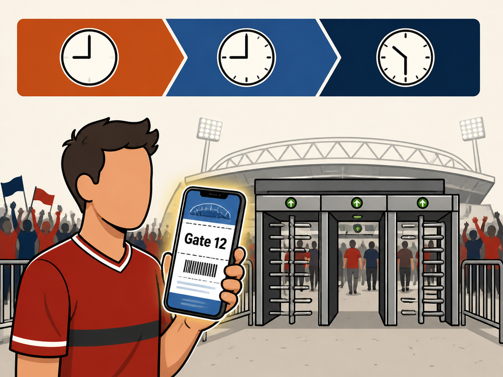Fan checking mobile ticket with gate number before World Cup stadium entry.