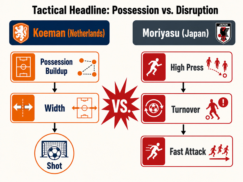 Diagram comparing Netherlands possession tactics versus Japan's high-press strategy.