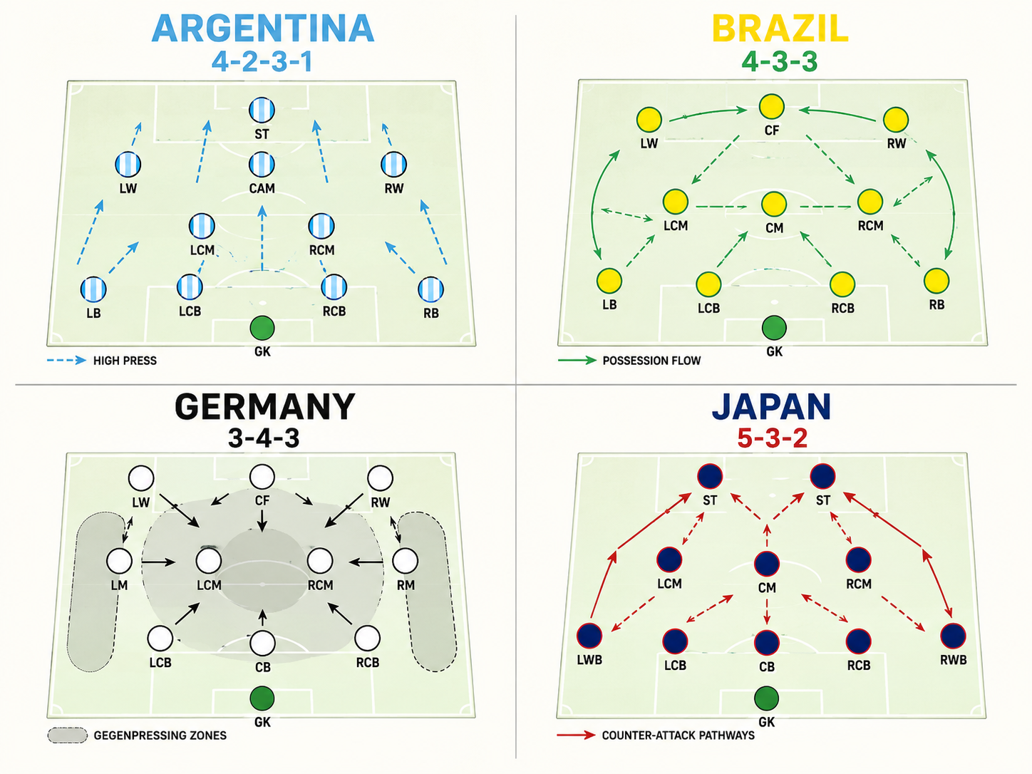 Infographic comparing four national football team formations and tactics.