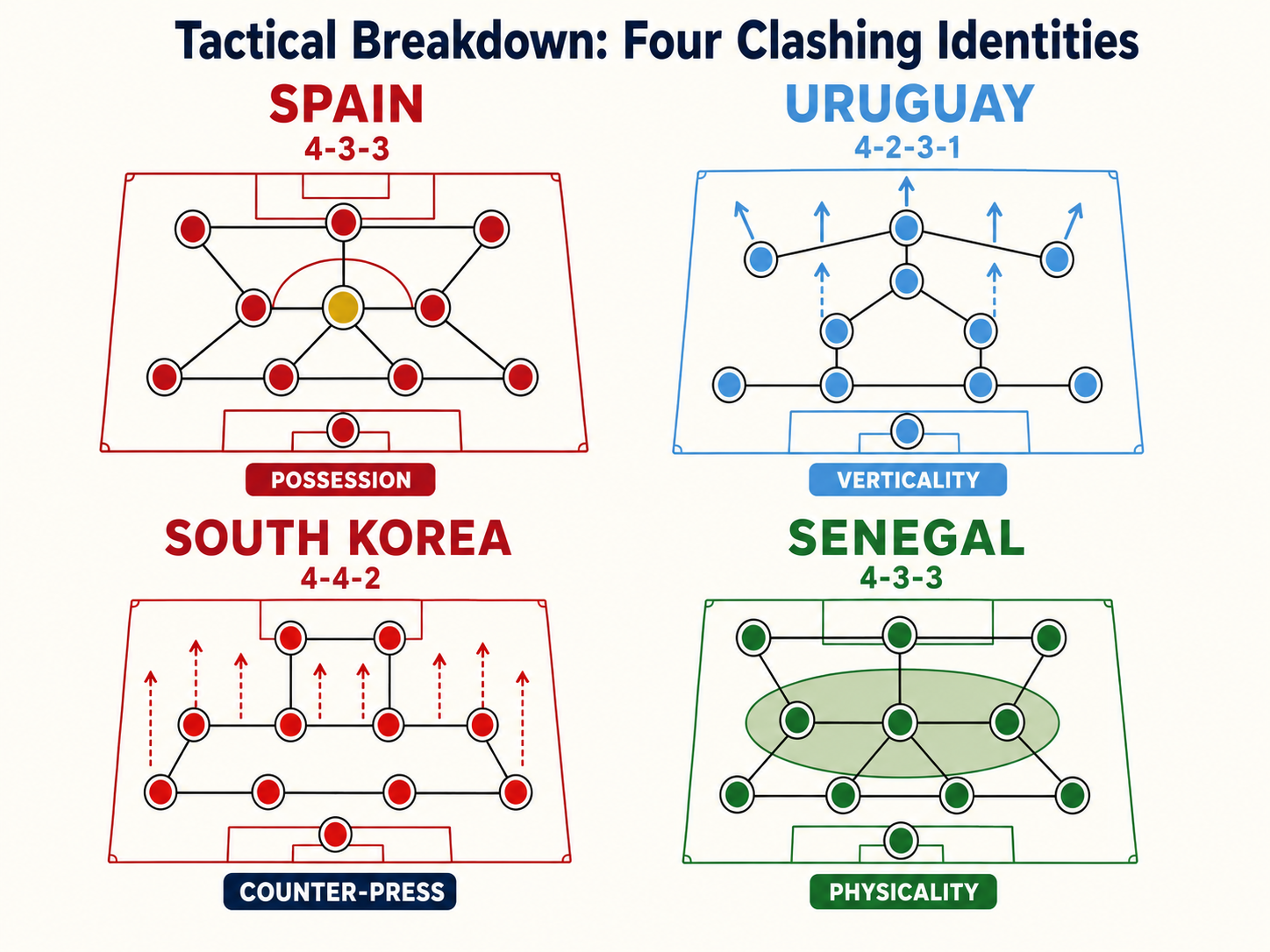 Cartoon of four coaches demonstrating different tactical philosophies on a board.