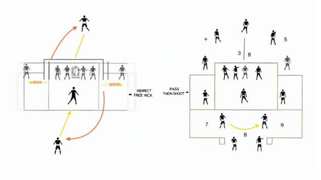 Diagram comparing defensive and attacking setups for direct vs indirect free kicks.