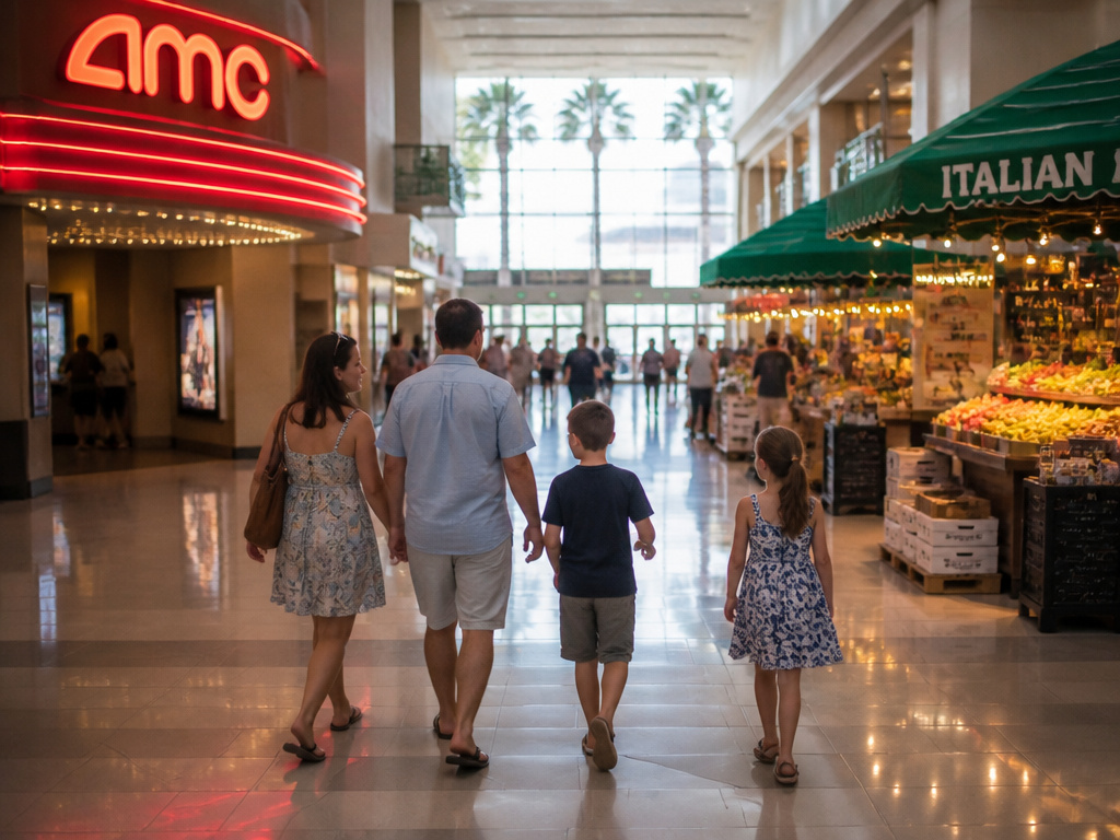 Family exploring a large mall to escape the heat before a World Cup match.