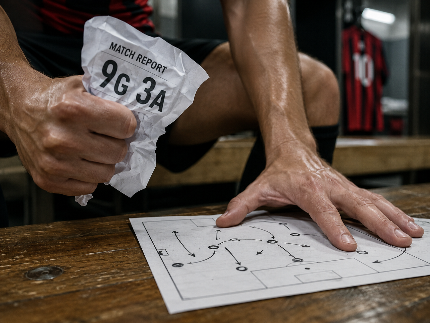 A footballer's hands with a stats sheet and a restrictive tactical diagram.