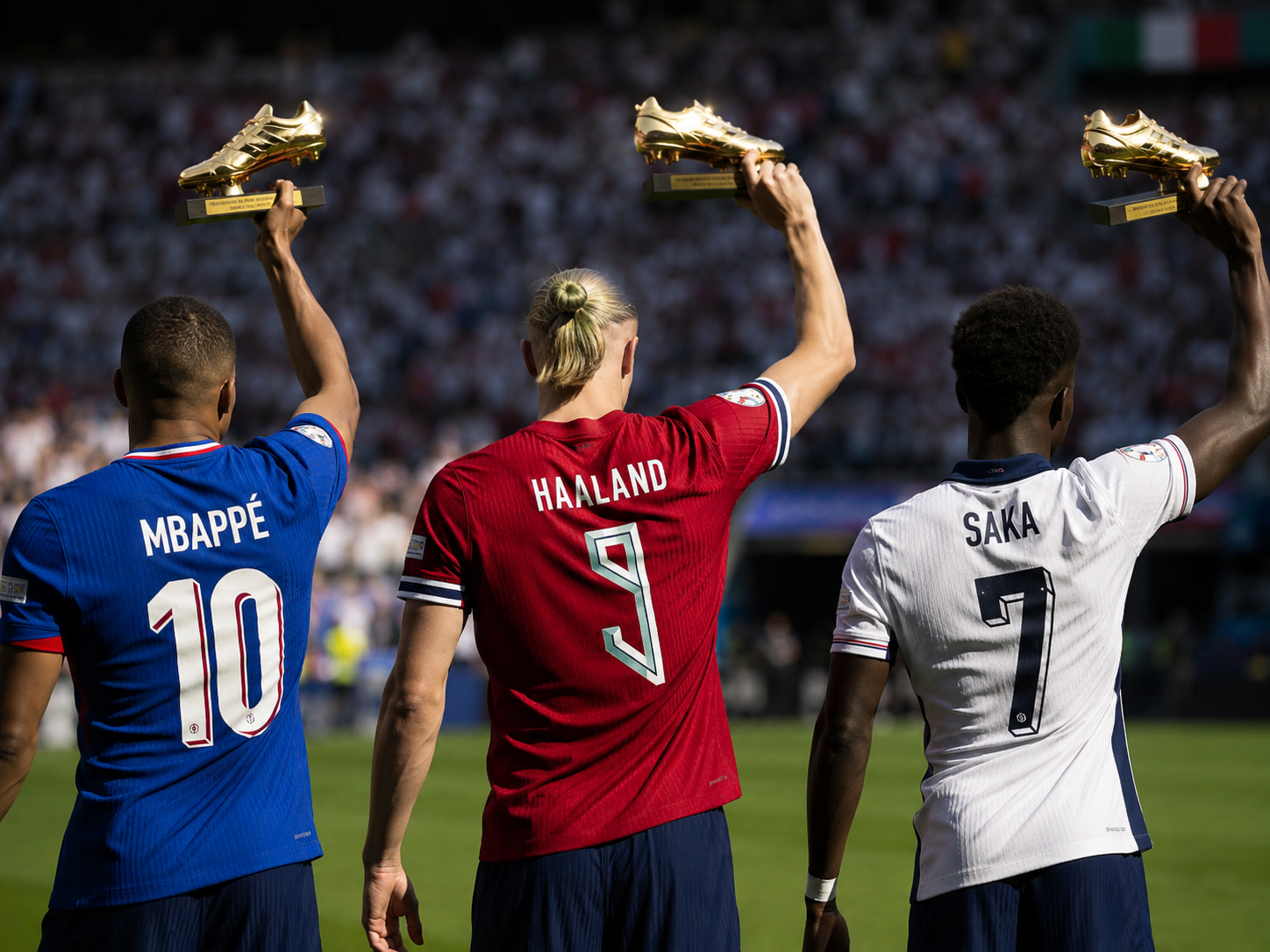 Three footballers from behind holding golden boots for France, Norway, and England.