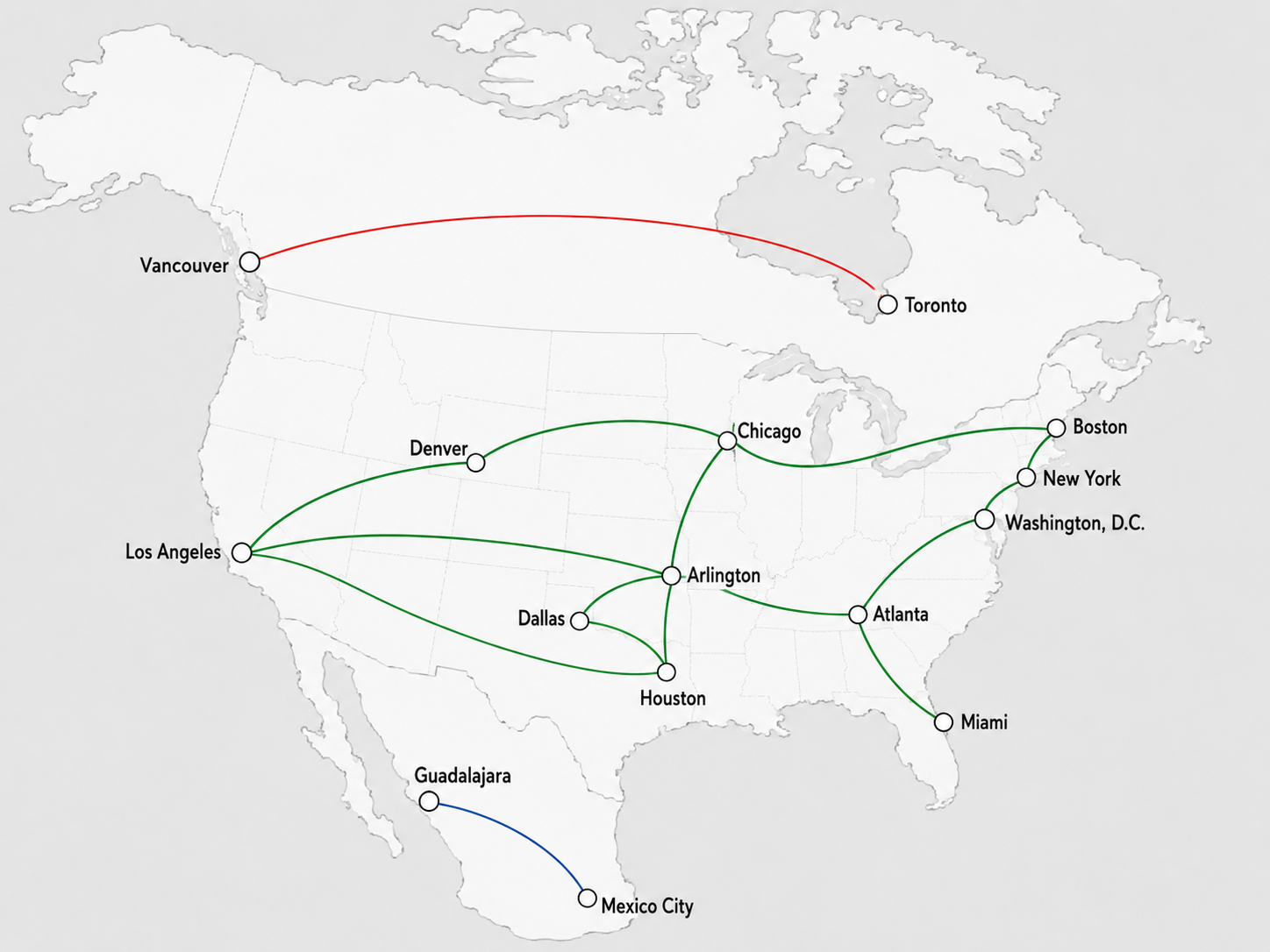 Infographic map of the 16 host cities for the 2026 World Cup across three countries.