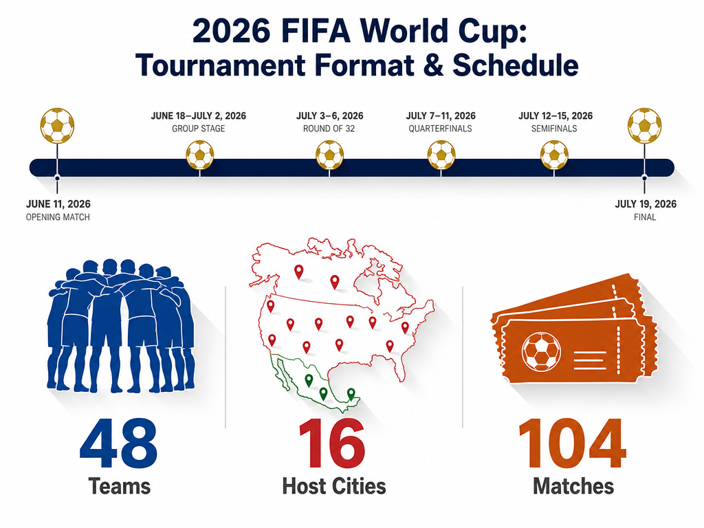 Infographic timeline and key stats for the 2026 FIFA World Cup.