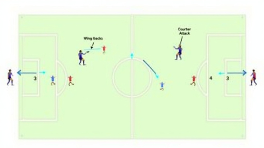 Diagram of 3-4-3 formation tactical strengths and weaknesses on a soccer pitch.