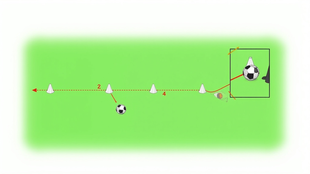 Diagram of a soccer dribbling drill using the outside foot through cones.