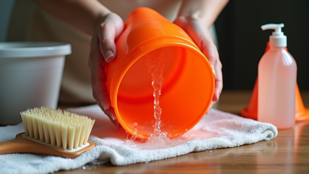 Rinsing a soccer cone after a soapy scrub to prevent mold growth.