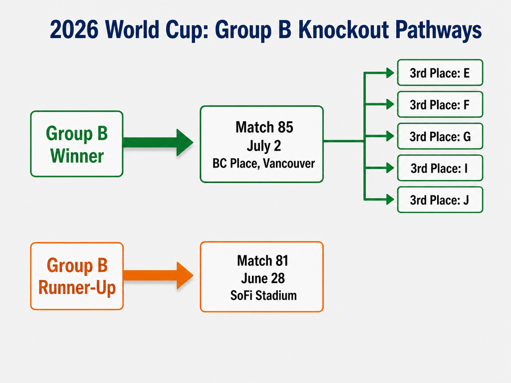 Infographic diagram of World Cup 2026 Group B qualification knockout stage pathways.