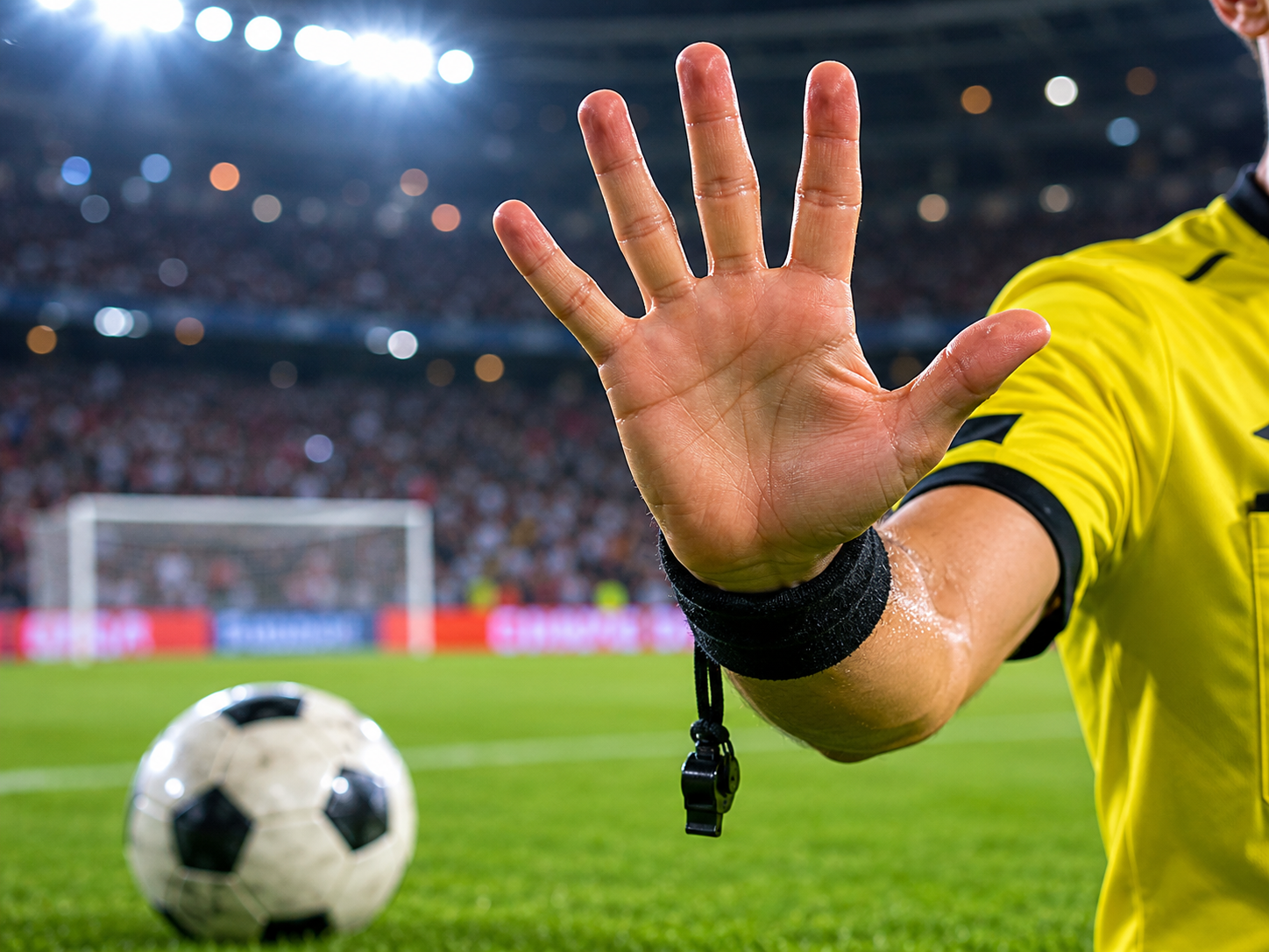 Soccer referee counting down five seconds for a restart rule